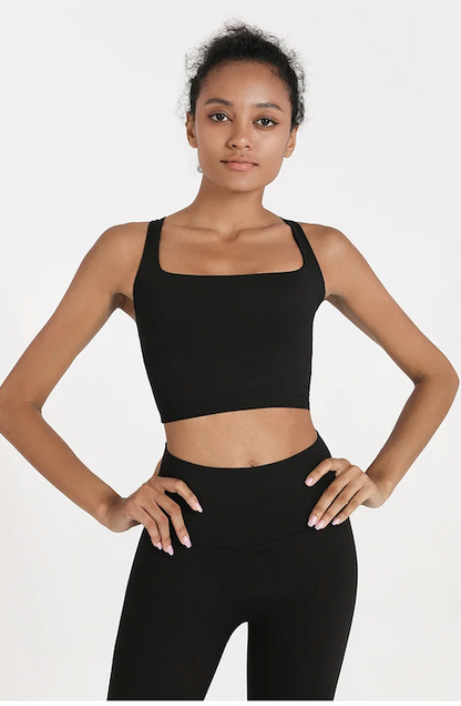 Cross back dance top with thick straps in Black from the Collective Dancewear