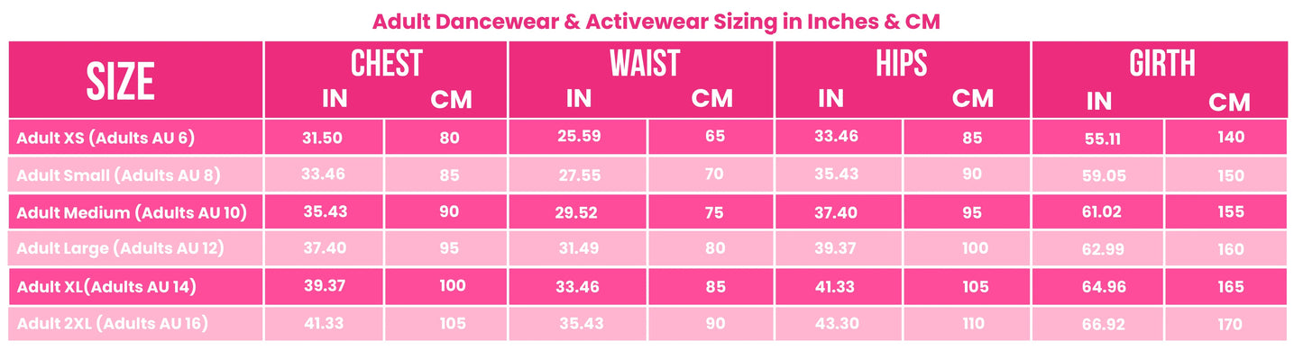 Claudia Dean Adult Size Chart from The Collective Dancewear