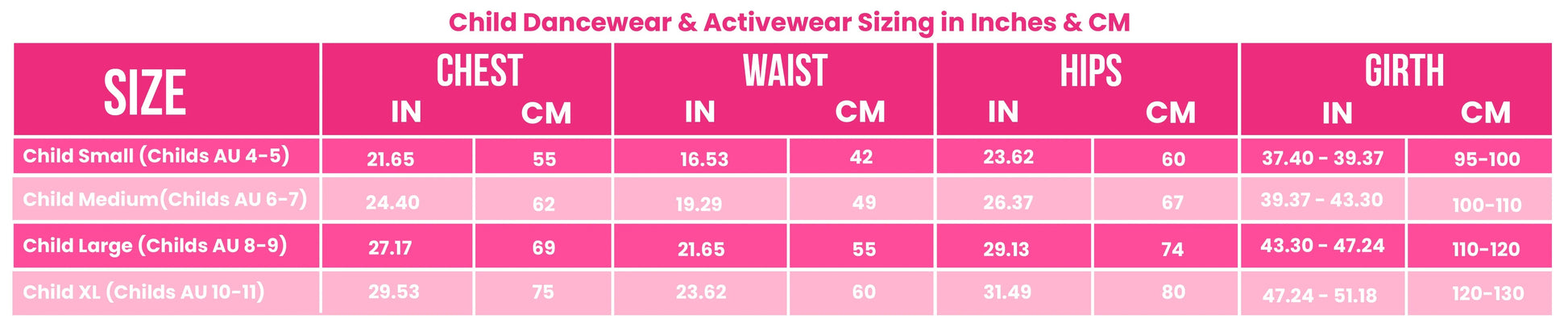 Claudia Dean Adult Size Chart from The Collective Dancewear