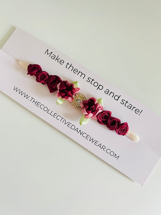 Bun Wrap - Burgundy Flowers with a Large Diamante - THE COLLECTIVE DANCEWEARBun Wrap - Burgundy Flowers with a Large DiamantemBun wrapTHE COLLECTIVE DANCEWEAR