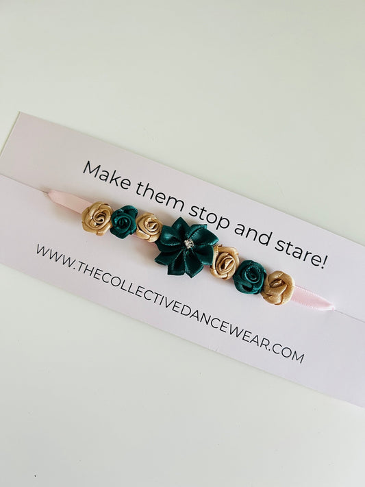 Bun Wrap - Dark Green & Beige Flowers - THE COLLECTIVE DANCEWEARBun Wrap - Dark Green & Beige FlowersmBun wrapTHE COLLECTIVE DANCEWEAR