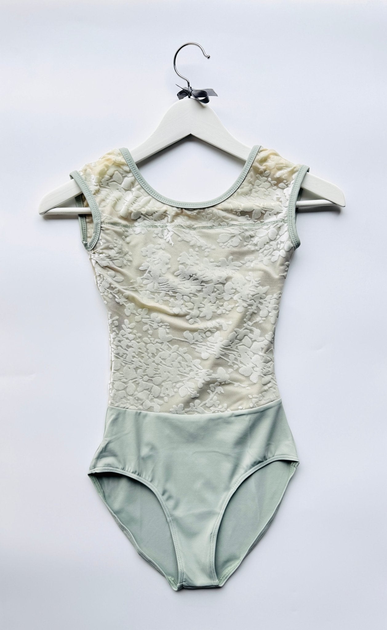 Cap Sleeve Leotard with Flock Floral Pattern - Sage - THE COLLECTIVE DANCEWEARCap Sleeve Leotard with Flock Floral Pattern - SagemLeotardTHE COLLECTIVE DANCEWEAR