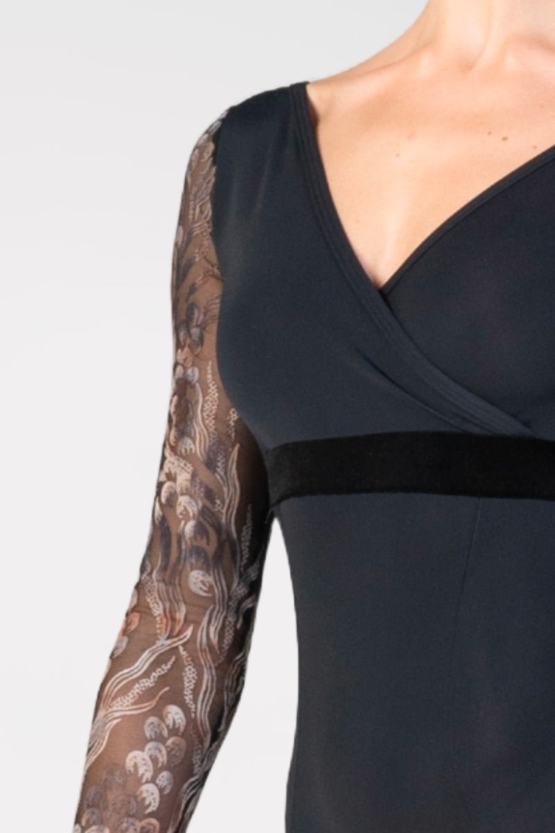 Harmony 3/4 Length Sleeve V-Neck Leotard With Printed Sleeves - Collective DancewearHarmony 3/4 Length Sleeve V-Neck Leotard With Printed Sleeves#mLeotardCollective Dancewear