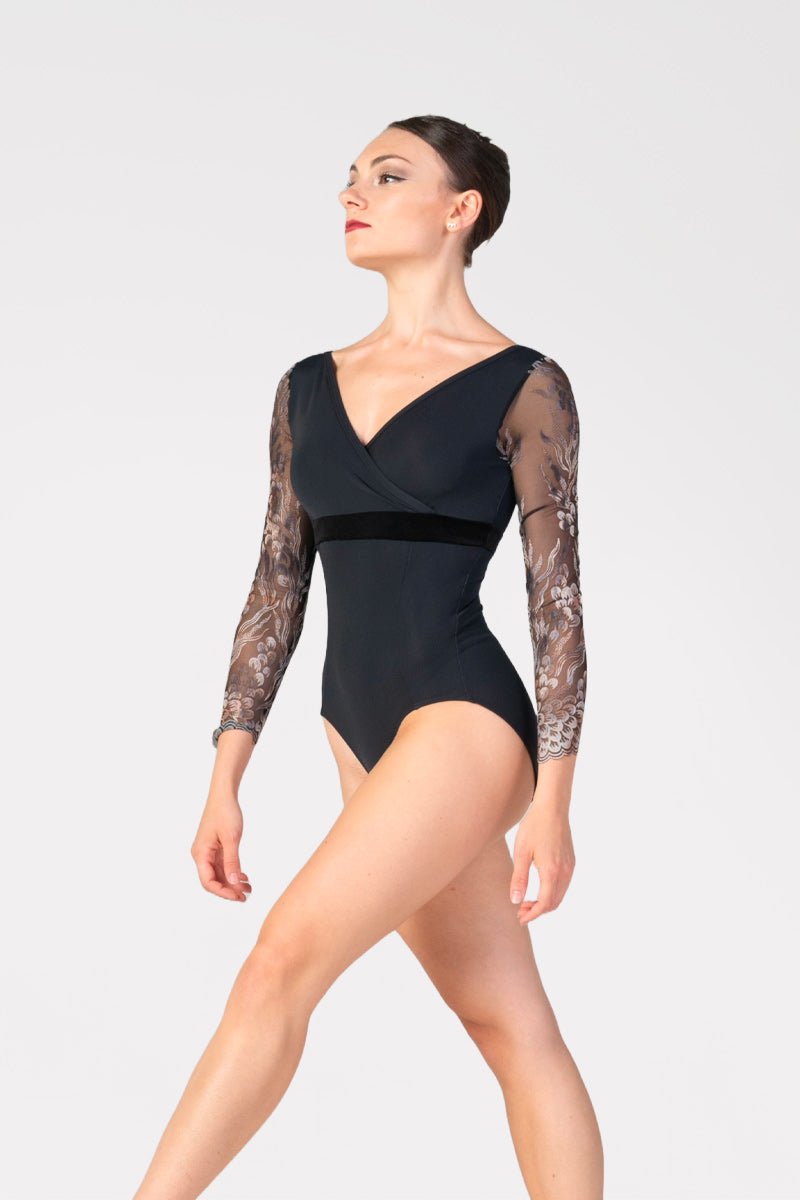 Harmony 3/4 Length Sleeve V-Neck Leotard With Printed Sleeves - Collective DancewearHarmony 3/4 Length Sleeve V-Neck Leotard With Printed Sleeves#mLeotardCollective Dancewear