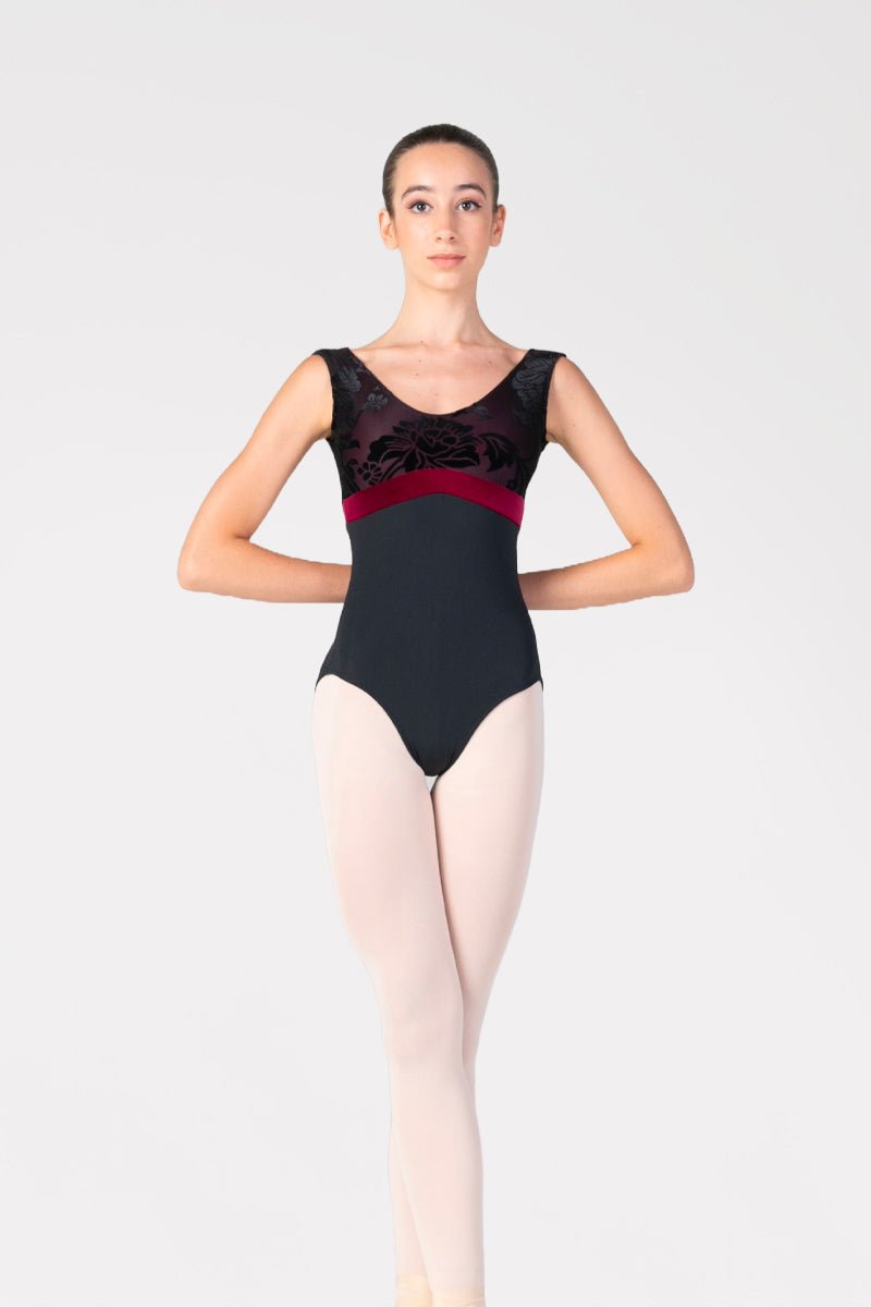 Harmony Velvet Floral Flock Leotard - Black & Bordeaux - Collective DancewearHarmony Velvet Floral Flock Leotard - Black & Bordeaux#mLeotardCollective Dancewear