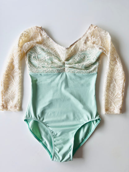 LACE TOP 3/4 SLEEVE MINT LEOTARD WITH SWEETHERAT NECKLINE AND DEEP V BACK FROM THE COLLECTIVE DANCEWEAR