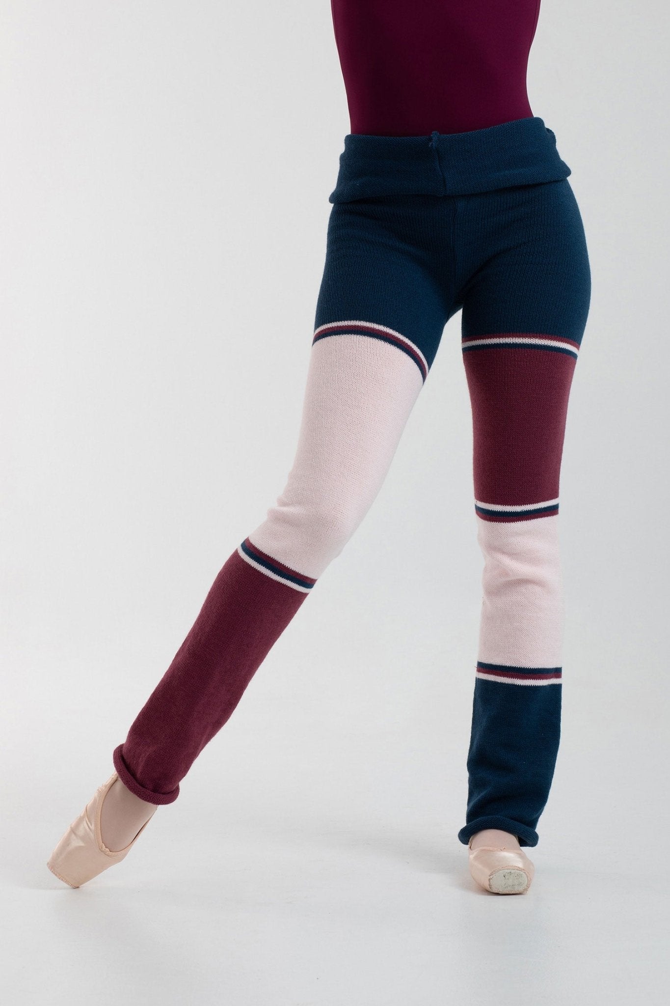 THE COLLECTIVE DANCEWEAR Intermezzo Cosimo Knitted Warmup Pants - Blue, Pink & Wine#mwarm upsTHE COLLECTIVE DANCEWEAR