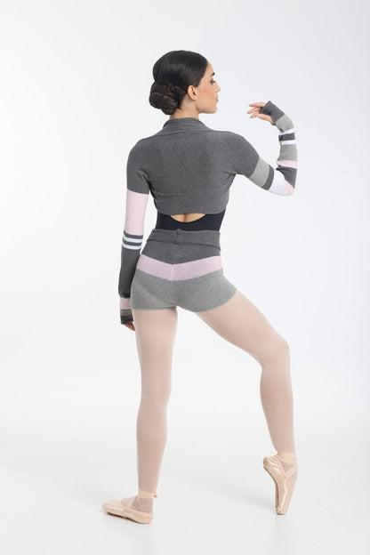 THE COLLECTIVE DANCEWEAR Intermezzo Mansurbi Knitted Warmup Shrug - Grey, Pink & White#mwarm upsTHE COLLECTIVE DANCEWEAR