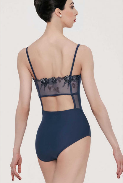 Wear Moi Jasmin ballet camisole leotard with embroidered tulle in Navy. Sold by the Collective Dancewear