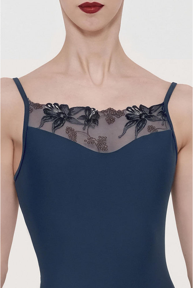 Wear Moi Jasmin ballet camisole leotard with embroidered tulle in Navy. Sold by the Collective Dancewear