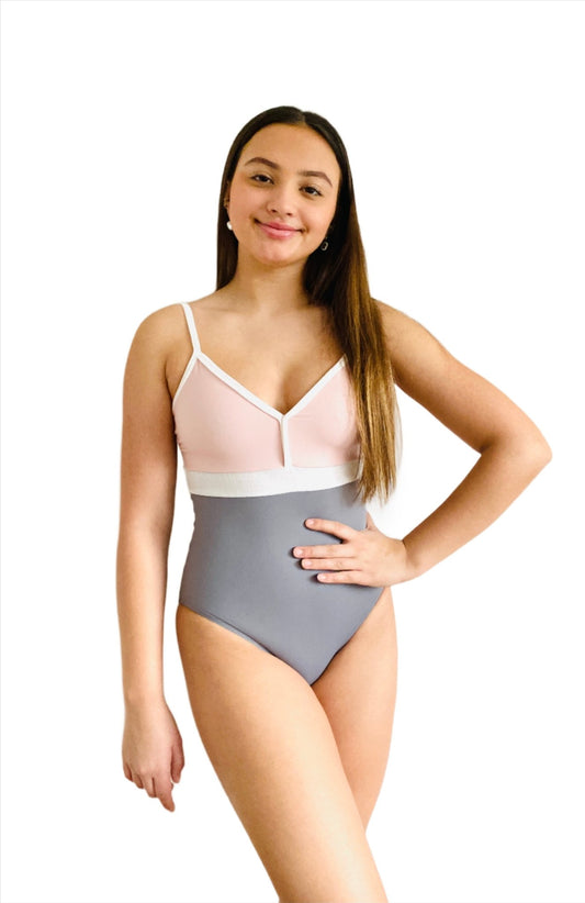 Pink and Grey Cami Leotard  Pink and Grey Cami Leotard with White Trim and Straps#mLeotardTHE COLLECTIVE DANCEWEAR