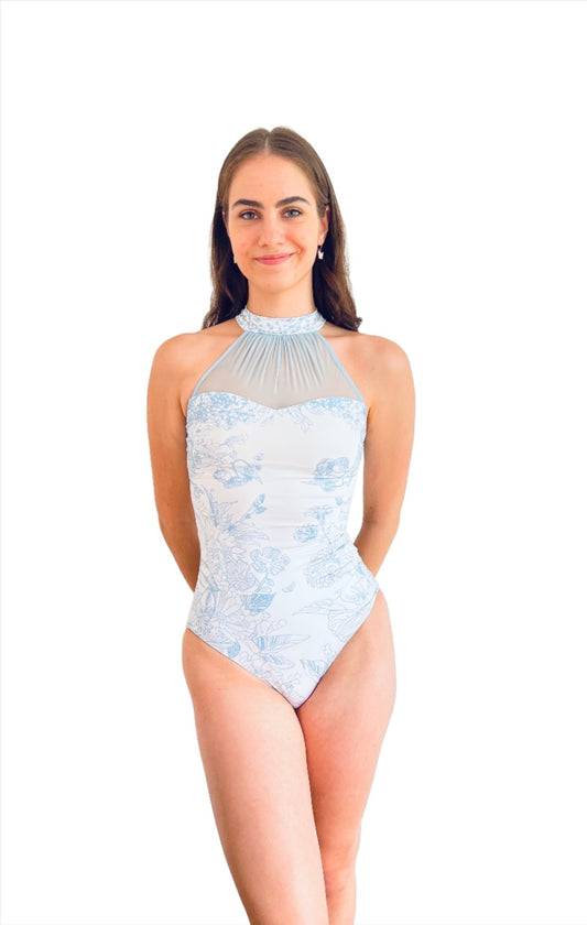 THE COLLECTIVE DANCEWEAR The Sweetheart High Neck Leotard - White with Blue Floral Print#mLeotardTHE COLLECTIVE DANCEWEAR
