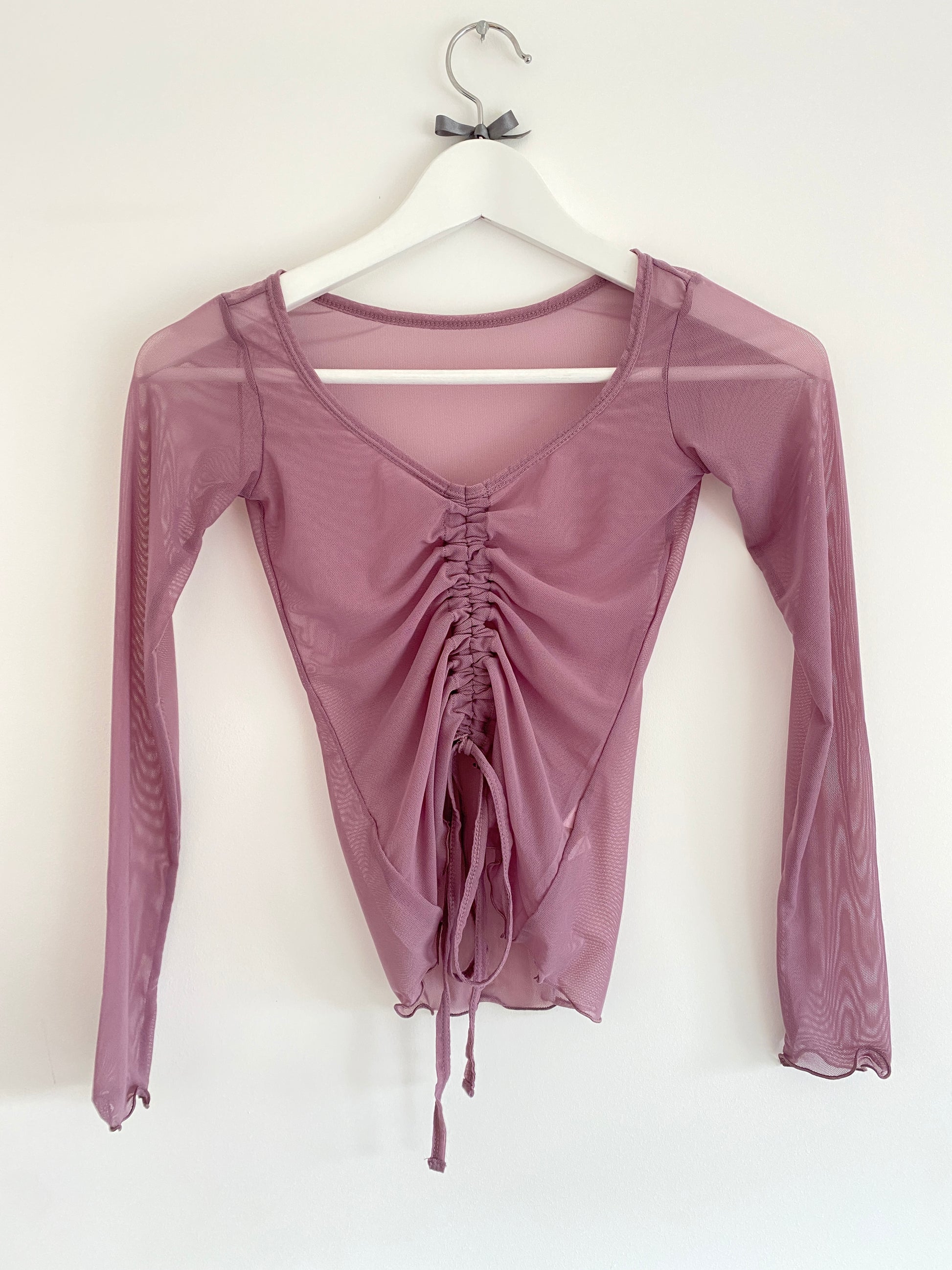 Lyrical long sleeve Gathered mesh top for warm up class from The Collective Dancewear