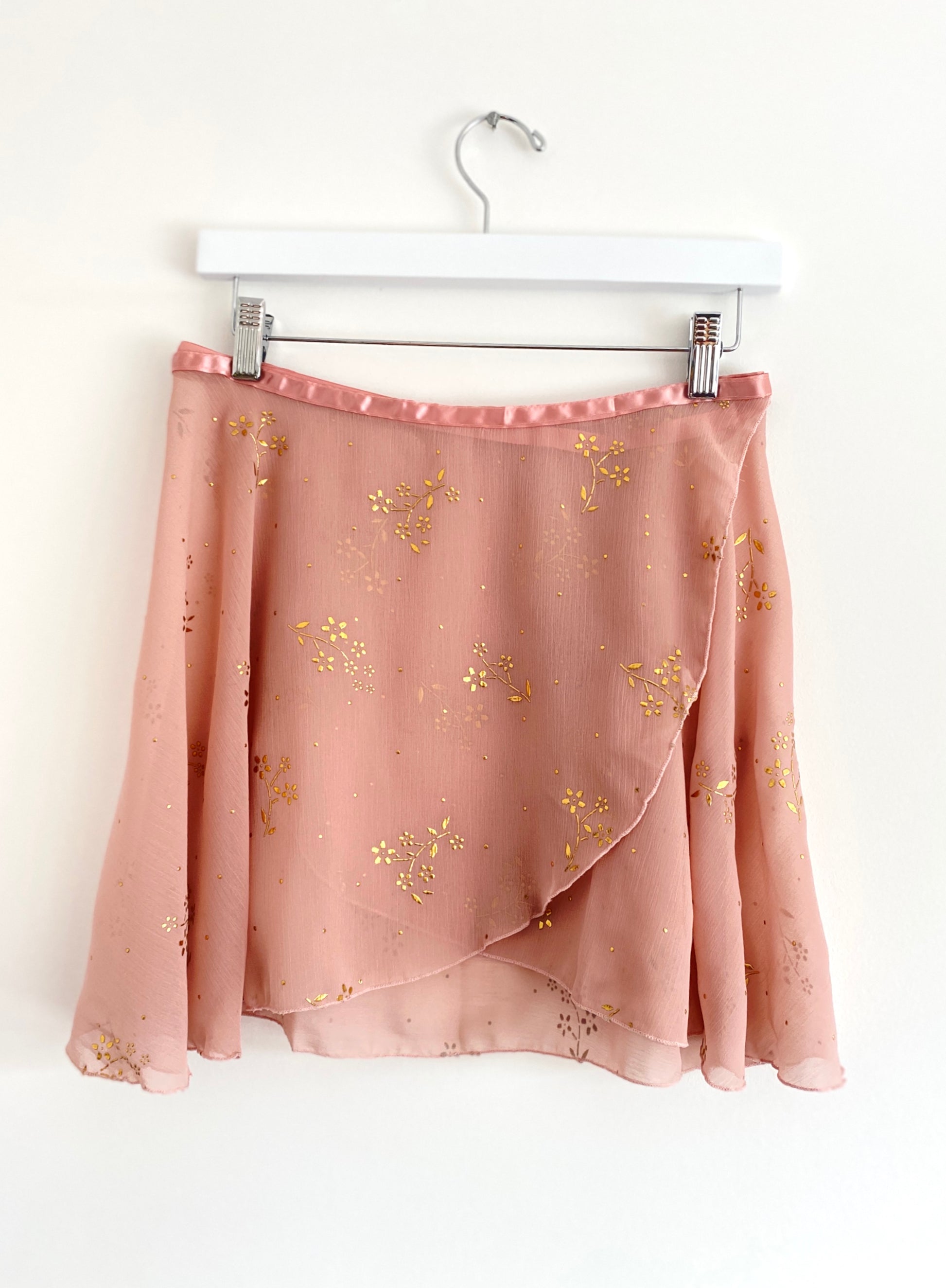 Wrap skirt for Ballet in chiffon. Dusky pink with gold pattern from The Collective Dancewear
