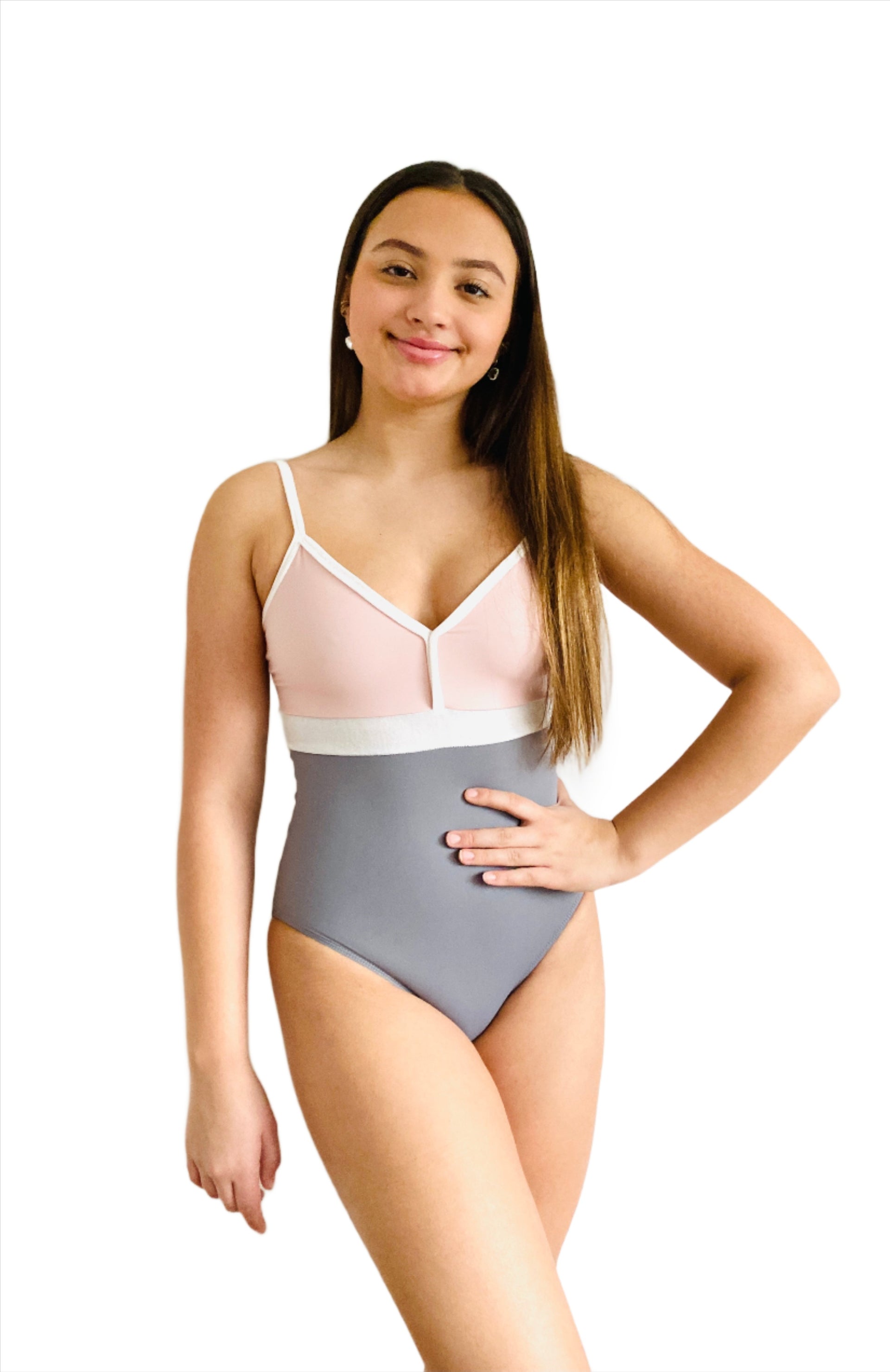 Pink and Grey Cami Leotard with White Trim and Straps