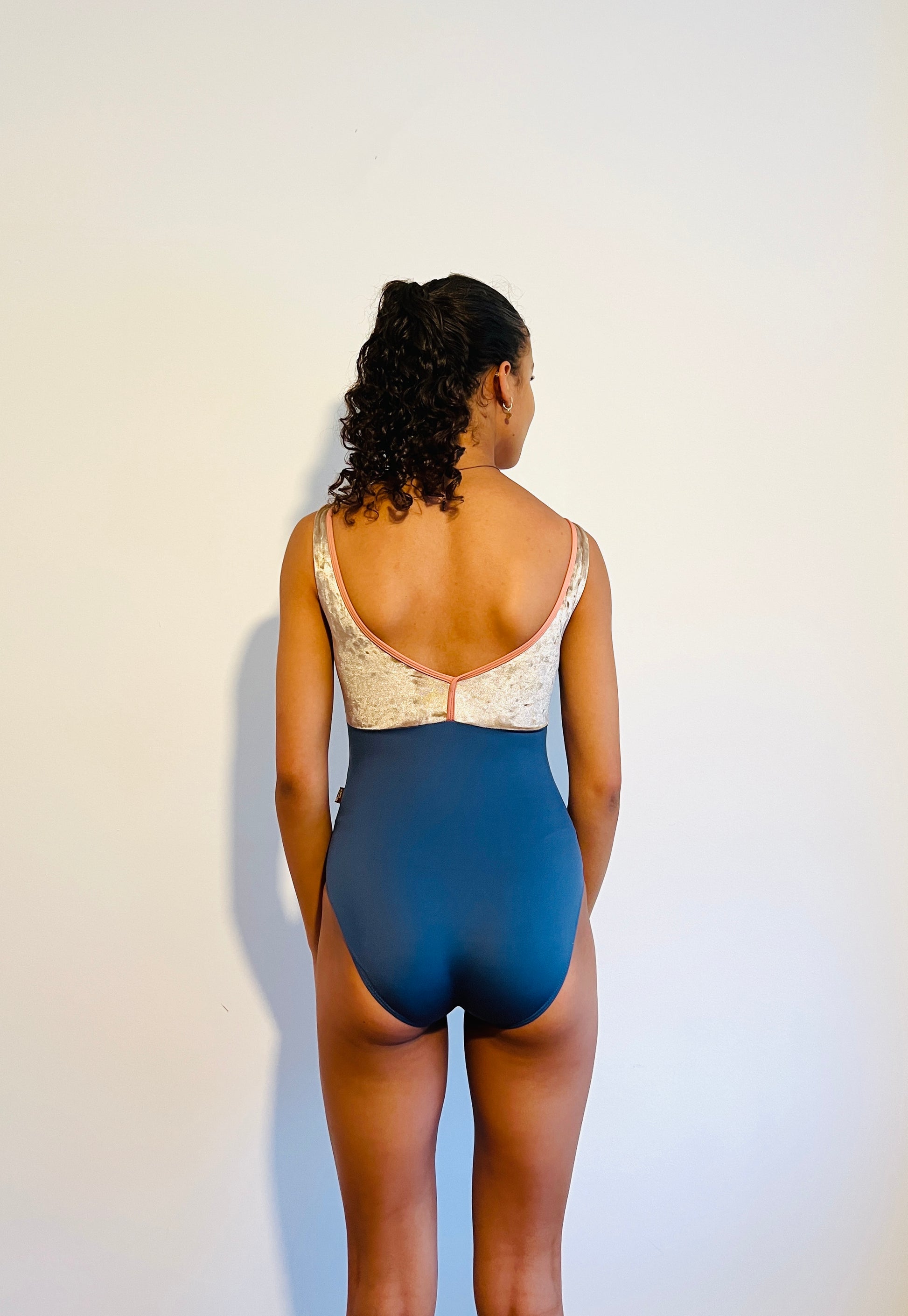 Velour bust Leotard in Steel Blue and Gold for dance from The Collective Dancewear