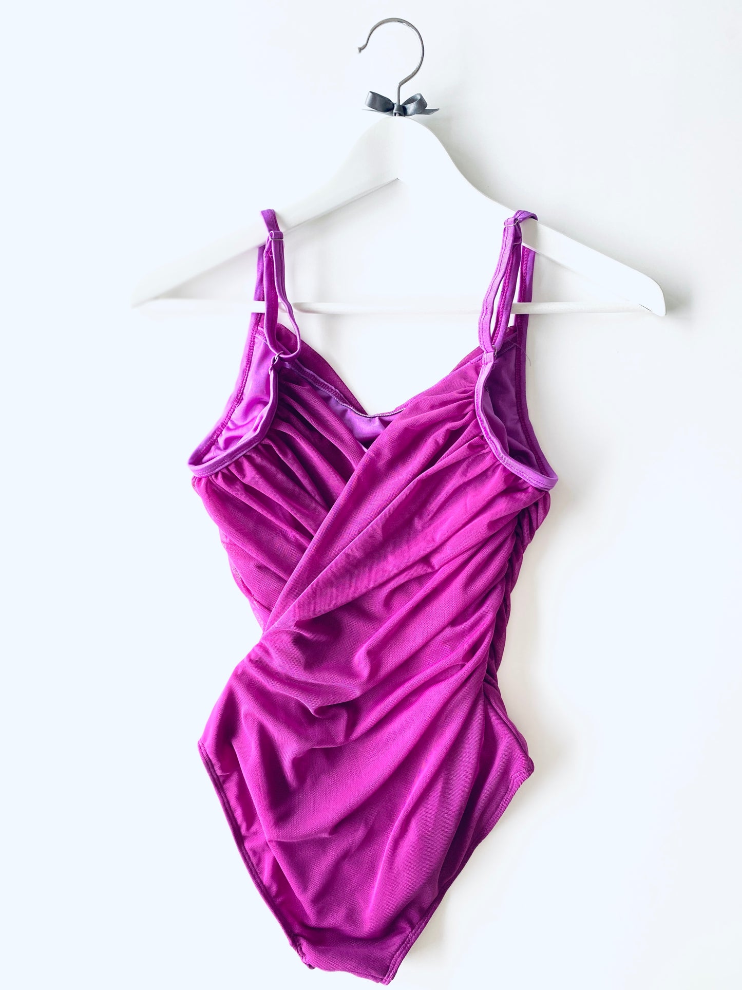 Ruched camisole ballet leotard with draped mesh in magenta from The Collective