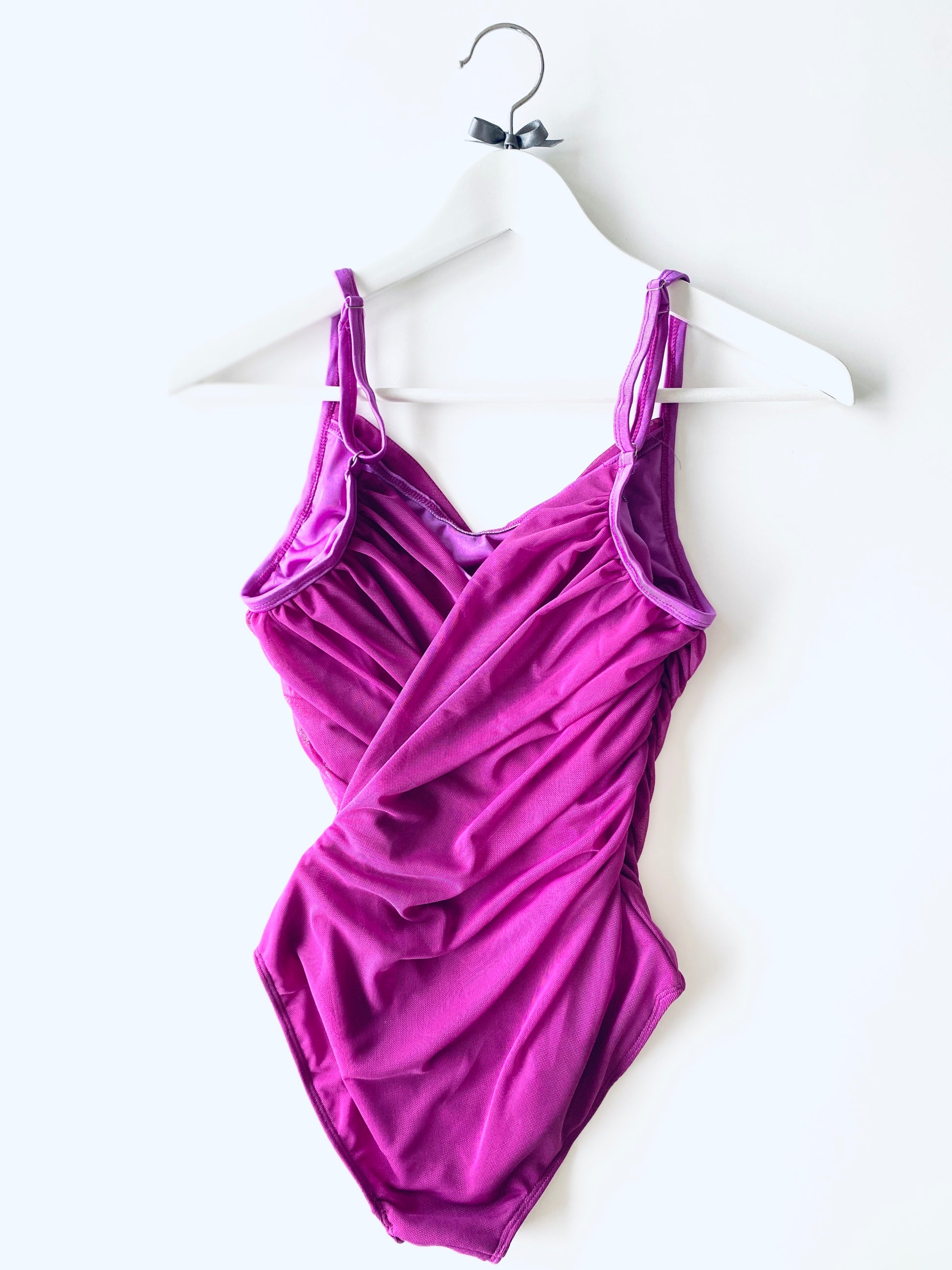 Ruched camisole ballet leotard with draped mesh in magenta from The Collective Dancewear