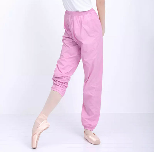 Trash Bag Pants, sauna pants, ripstop pants warrmup pants for ballet and dance  -Rose Pink from The Collective Dancewear 