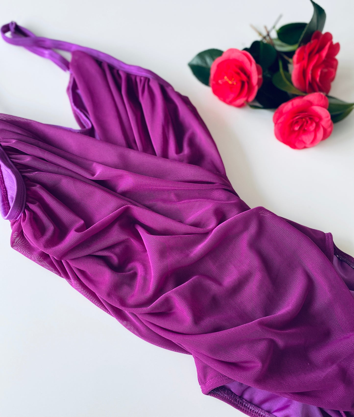Ruched camisole ballet leotard with draped mesh in magenta from The Collective Dancewear
