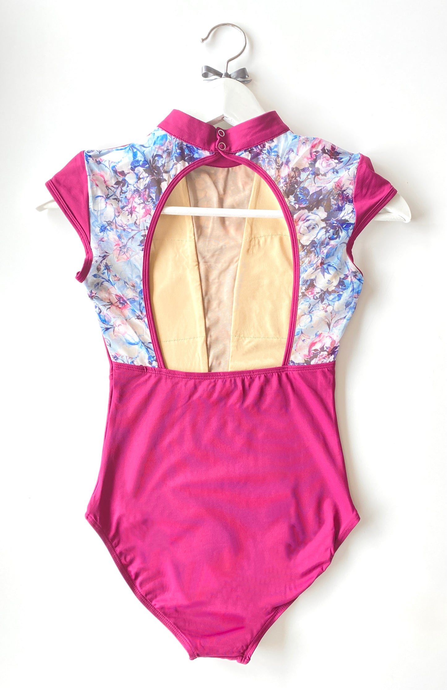 Floral Deep V Leotard with Cap Sleeves - Rasberry from Baiwu and sold by The Collective Dancewear