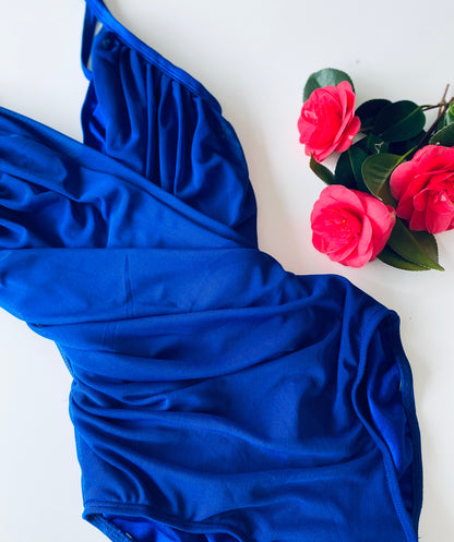 Ruched camisole ballet leotard with draped mesh in Royal Blue from The Collective
