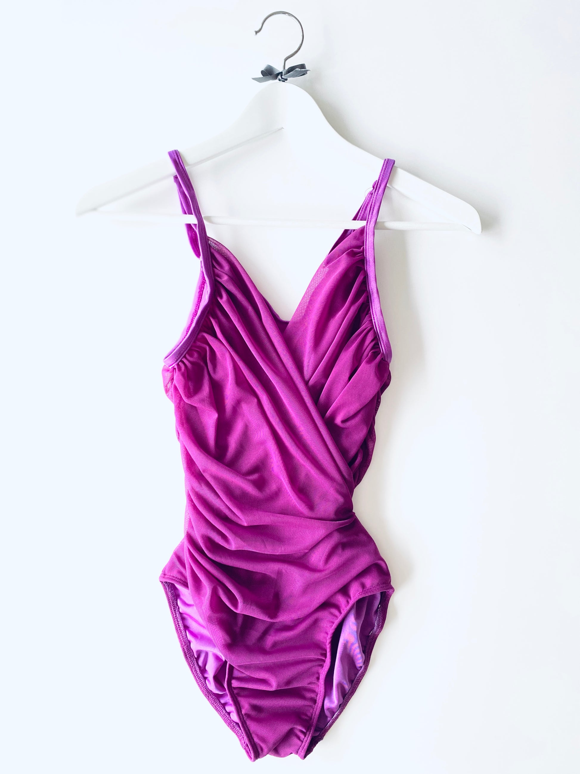 Ruched camisole ballet leotard with draped mesh in Magenta from The Collective