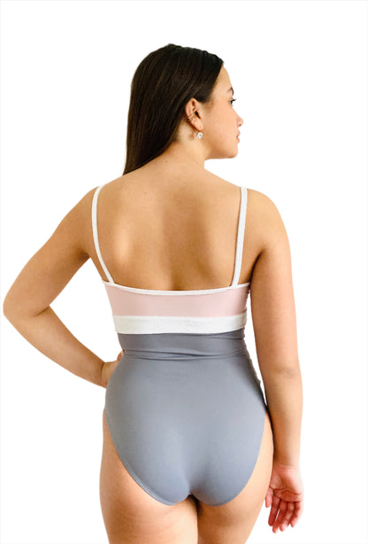 Pink and Grey camisole leotard with white velour from The Collective Dancewear