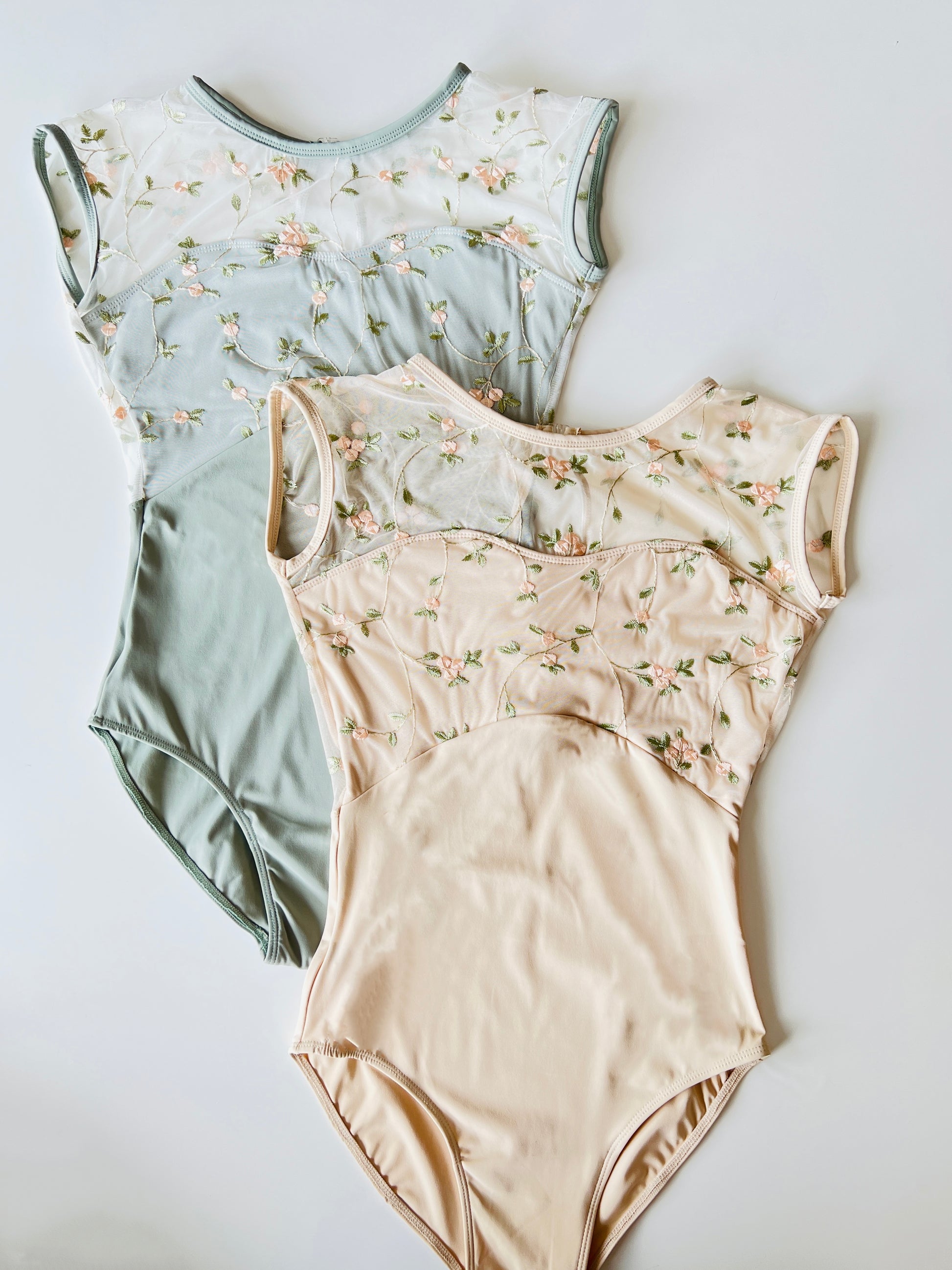 Rose Embroidered Cap Sleeve Ballet Dance Leotard - Sage From The Collective Dancewear