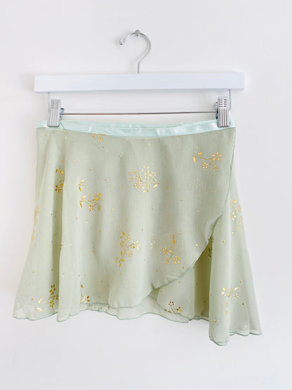 Wrap skirt for ballet in pistachio green and gold pattern from The Collective Dancewear