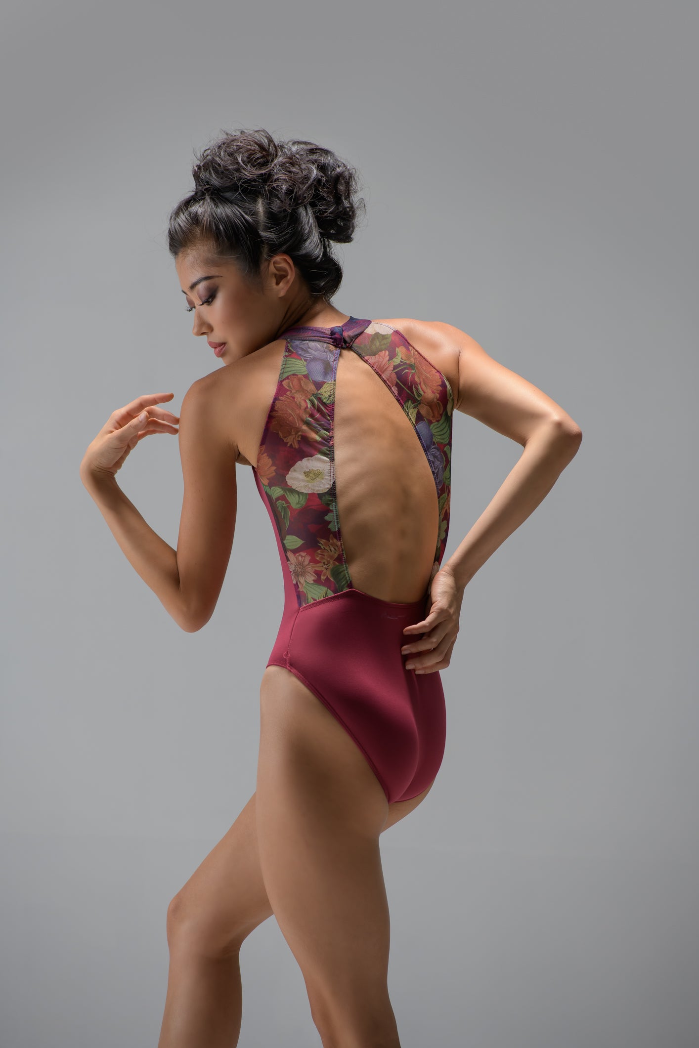 Ballet Rosa Avery dance leotard with high neck and floral mesh back in Ruby Red from The Collective Dancewear