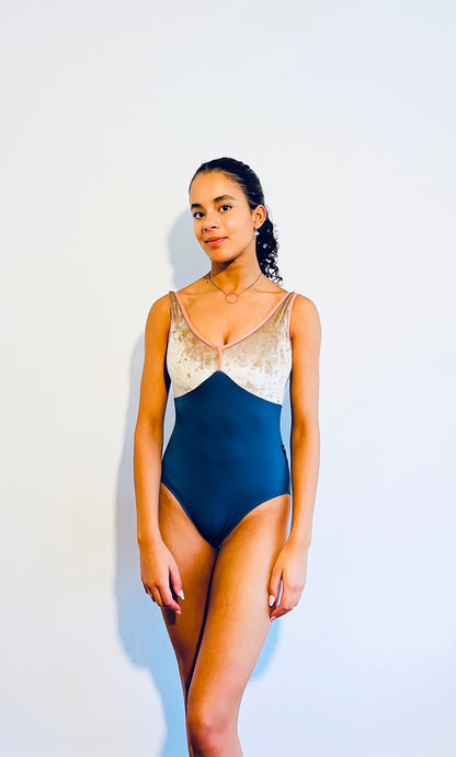 Velour bust Leotard in Steel Blue and Gold for dance from The Collective Dancewear