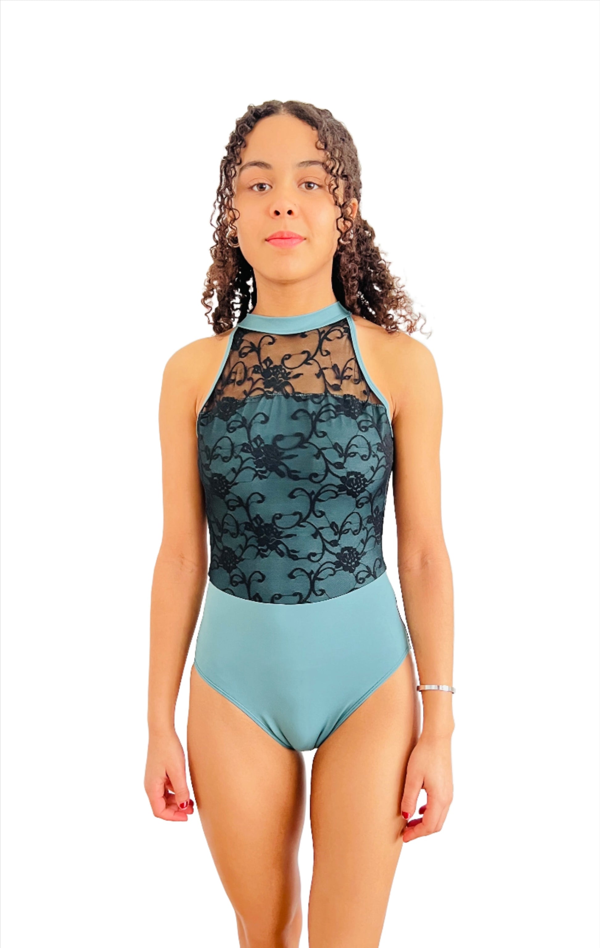 The High Neck Lace Leotard Sea Green and Black from The Collective Dancewear
