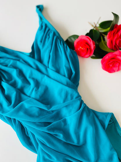 Ruched camisole ballet leotard with draped mesh in turquoise from The Collective Dancewear