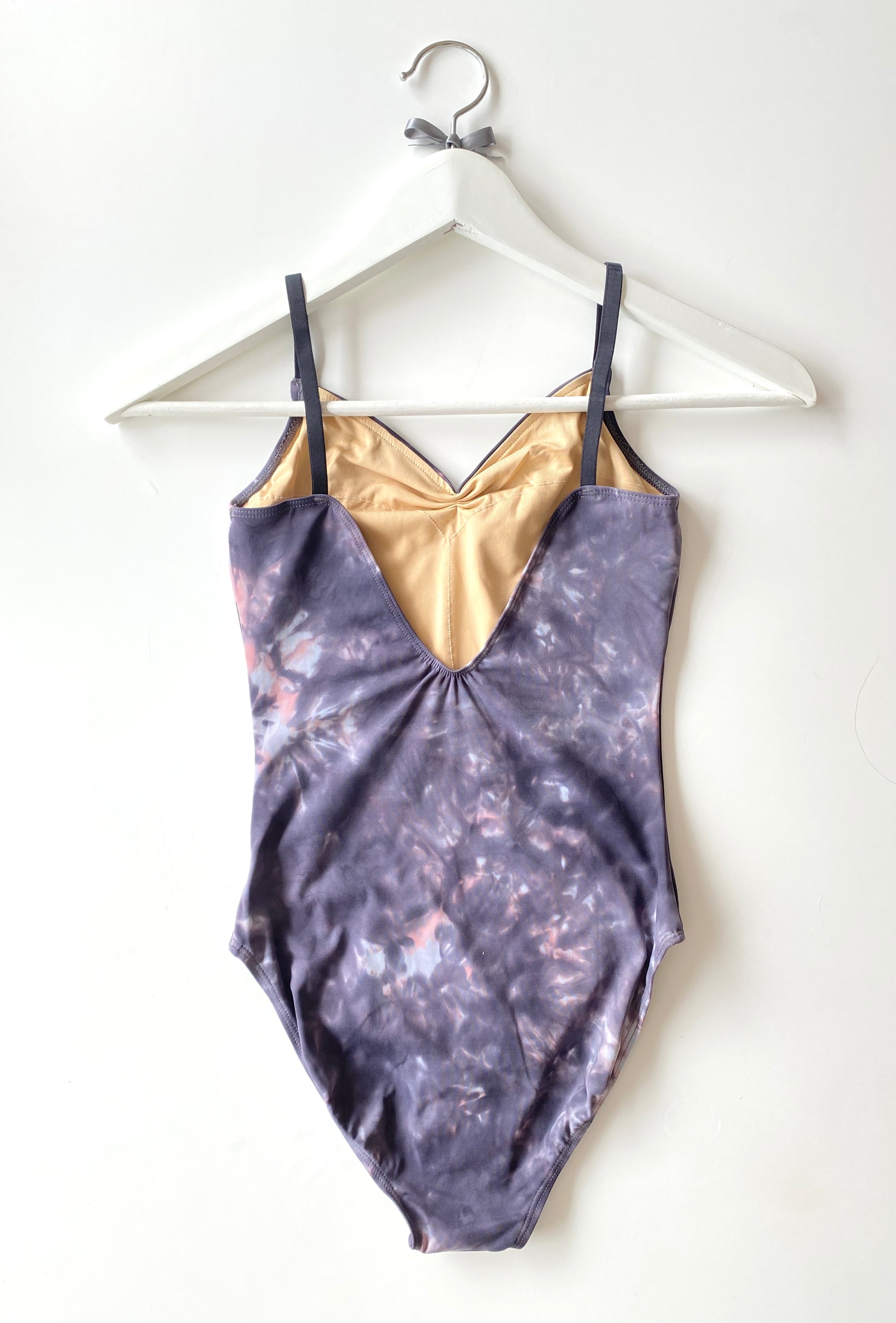 Super cute Tie Dye camisole leotard in pink, purple and grey from Baiwu sold at the Collective Dancewear