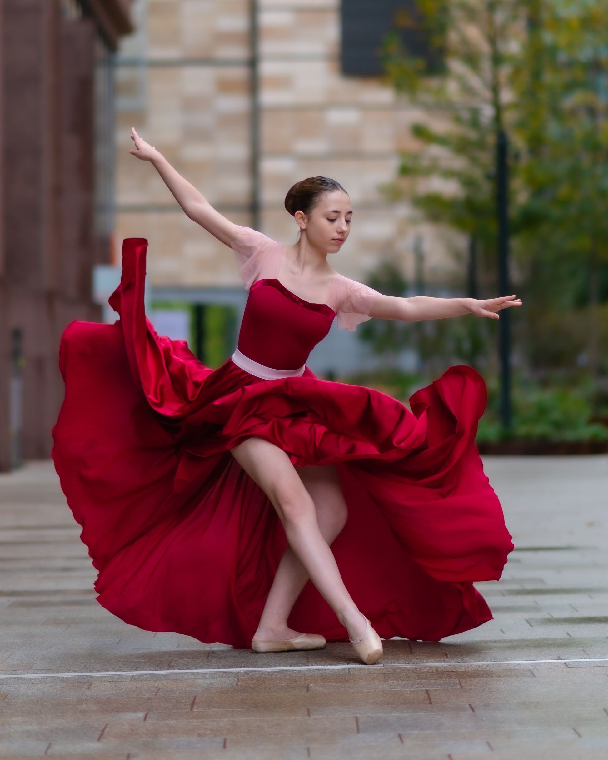 Princess Fluted Sleeve Leotard - Red with Pink sleeves The Collective Dancewear photo: Jon Raffoul
