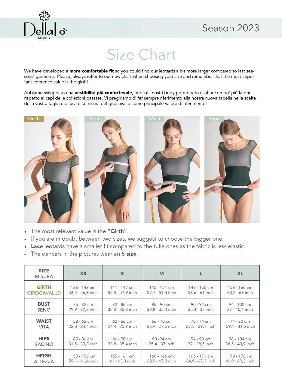 Dellalo Milano Ballet leotard size chart from the collective dancewear 