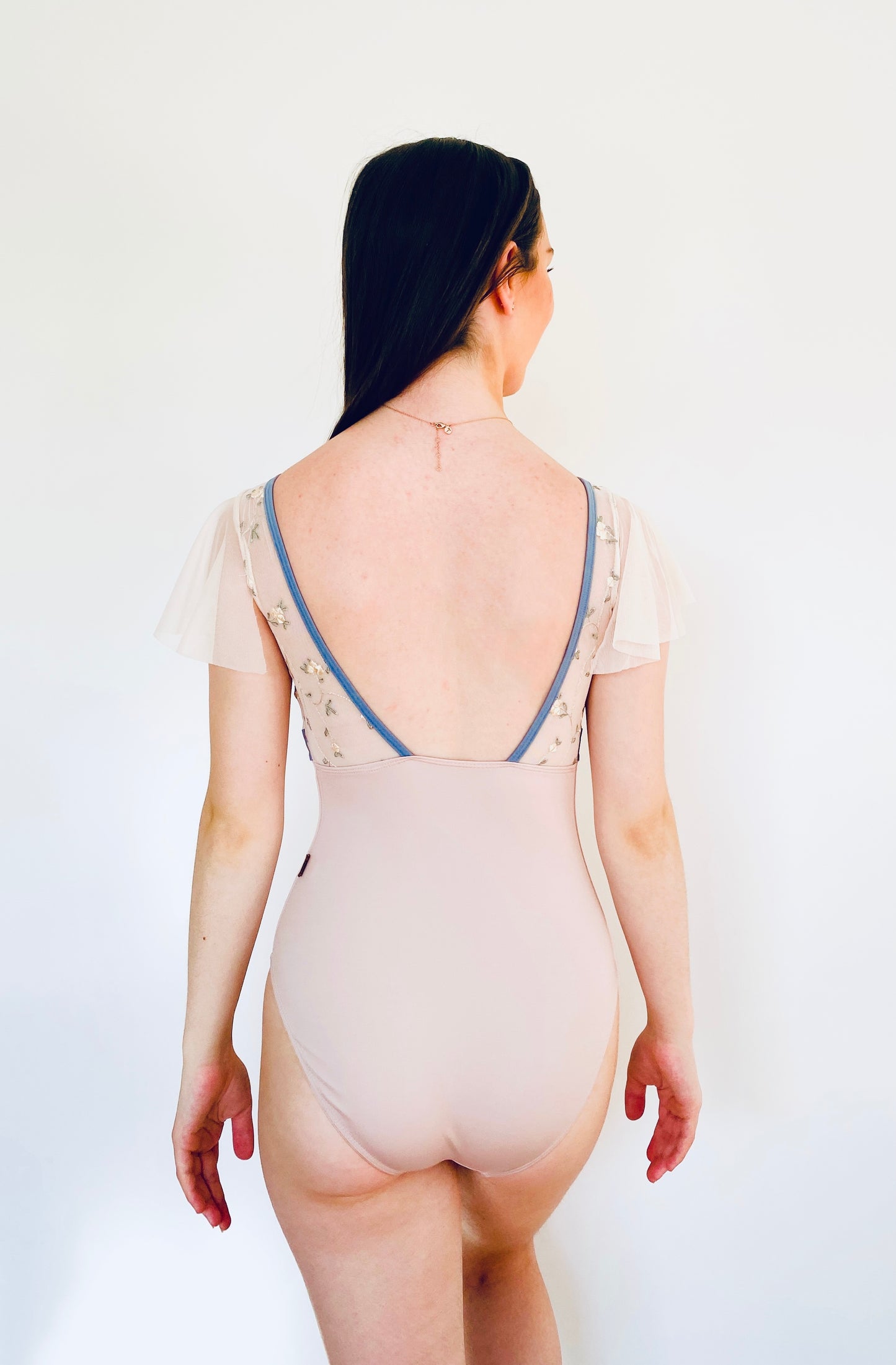 Rosebud Embroidered dance ballet leotard in powder pink with floaty sleeves from The Collective Dancewear