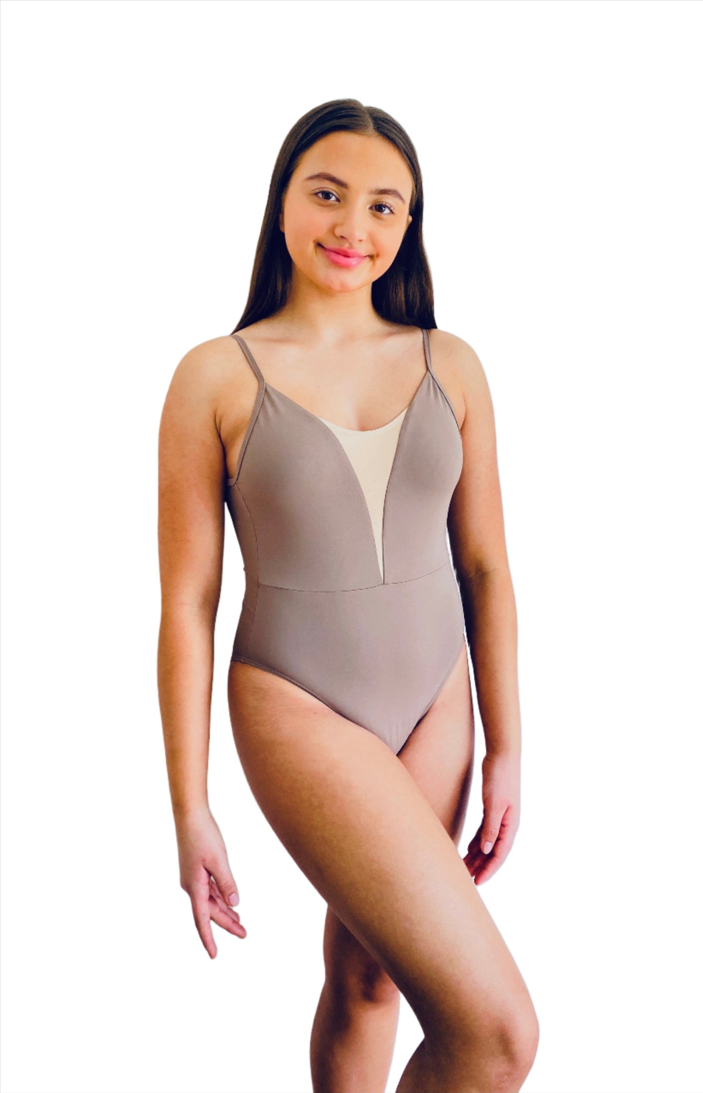 Sand / beige coloured camisole ballet leotard with deep v at front and deep back from The Collective DancewearV Mesh Camisole Leotard for ballet - Sand with sand coloured strap from the collective dancewear