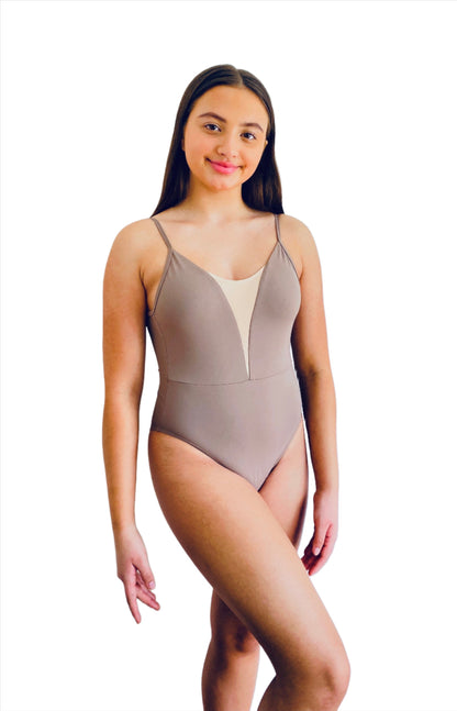 Sand / beige coloured camisole ballet leotard with deep v at front and deep back from The Collective DancewearV Mesh Camisole Leotard for ballet - Sand with sand coloured strap from the collective dancewear