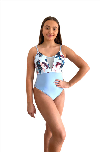 Camisole leotard with pale blue v-mesh cut at front and an abstract floral print on bust from The Collective Dancewear