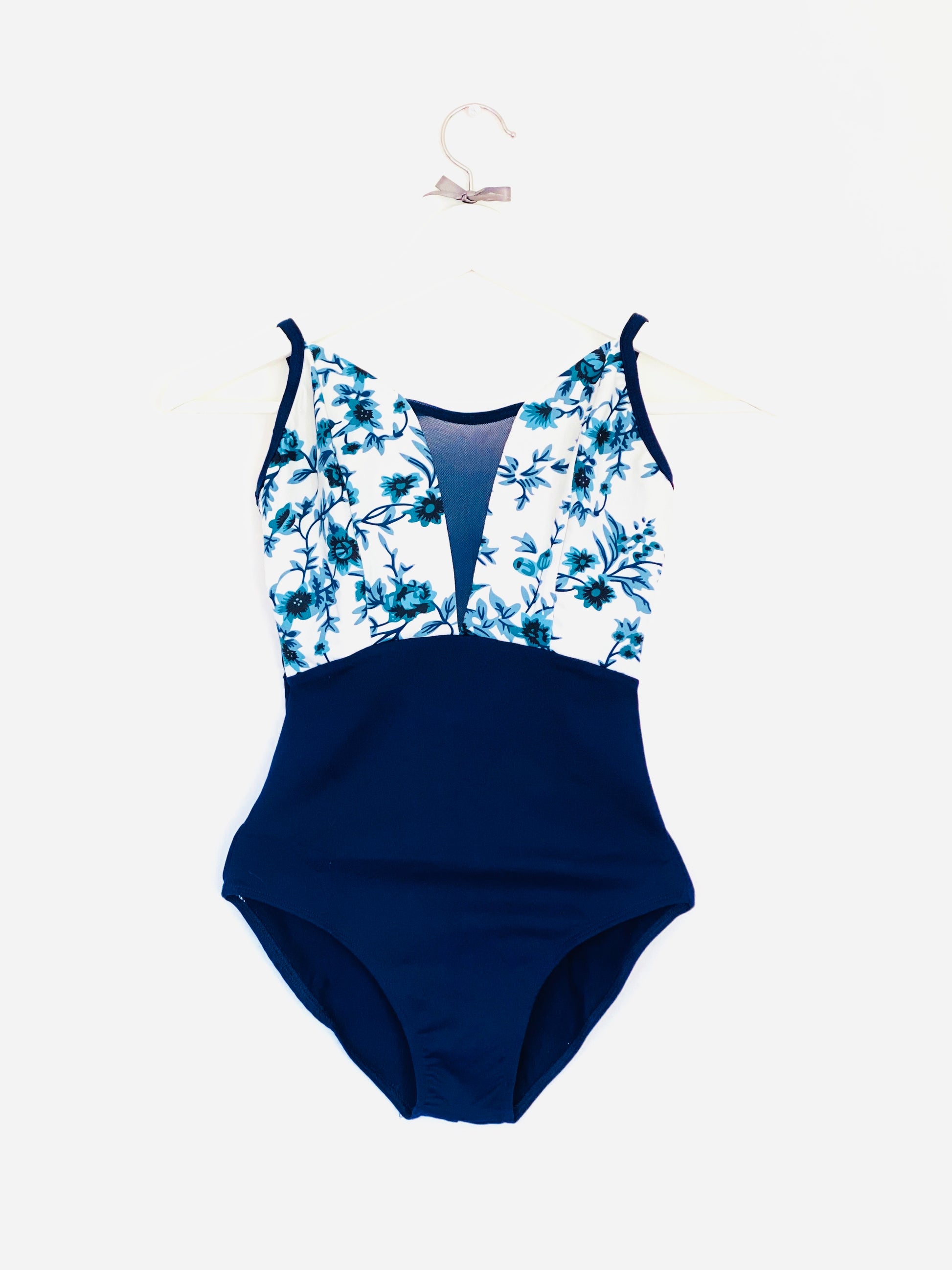 V mesh leotard with floral print in navy and white The Collective Dancewear