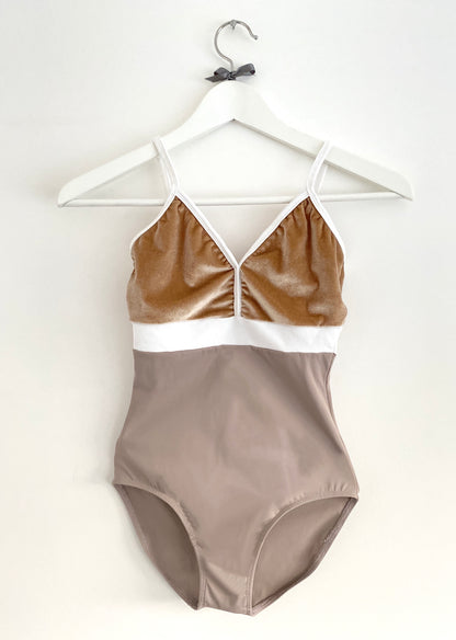 Camisole leotard in velour and lycra Gold bust and stone coloured body from The Collective Dancewear