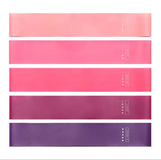 pack of 5 strengthening resistance bands in pinks and purples from The Collective Dancewear