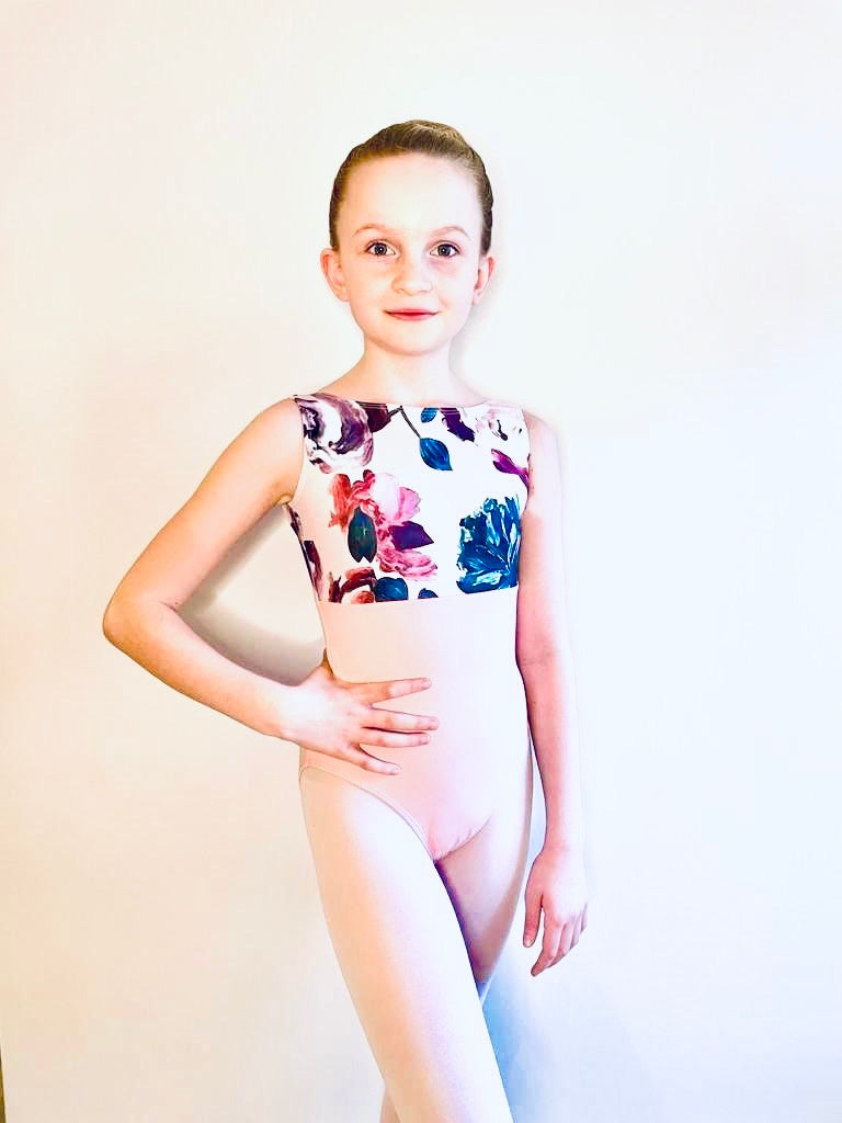 Abstract Flower Print Sleeveless Tank dance leotard for children Leotard Pink from the  Collective Dancewear