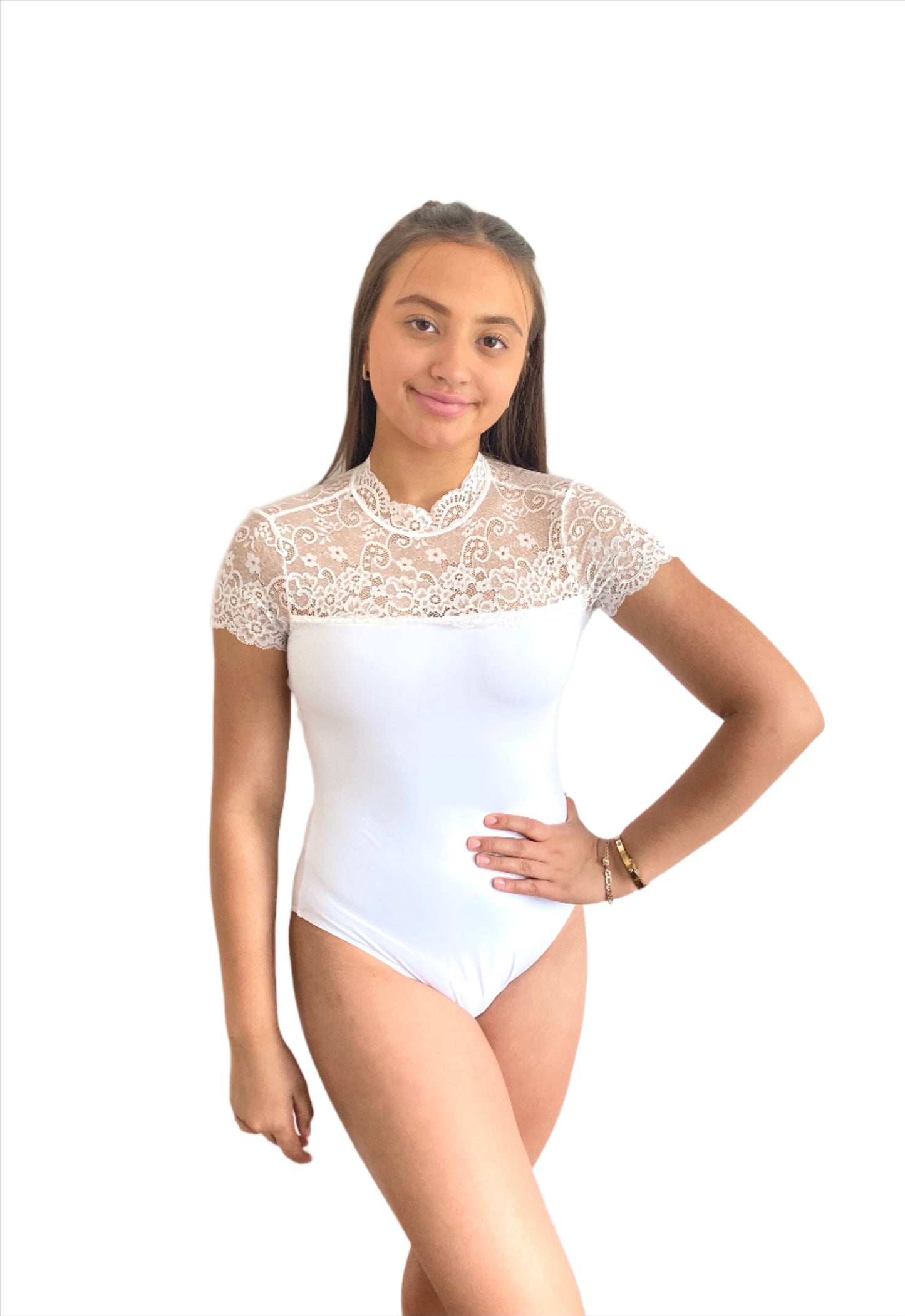 Ballet leotard with lace top, lace sleeves and key hole back in white from The Collective Dancewear