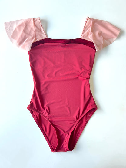 Princess Fluted Sleeve Leotard - Red with Pink sleeves The Collective Dancewear