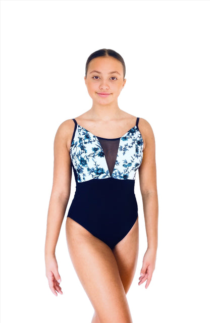 V-mesh camisole leotard in navy with floral print from The Collective Dancewear