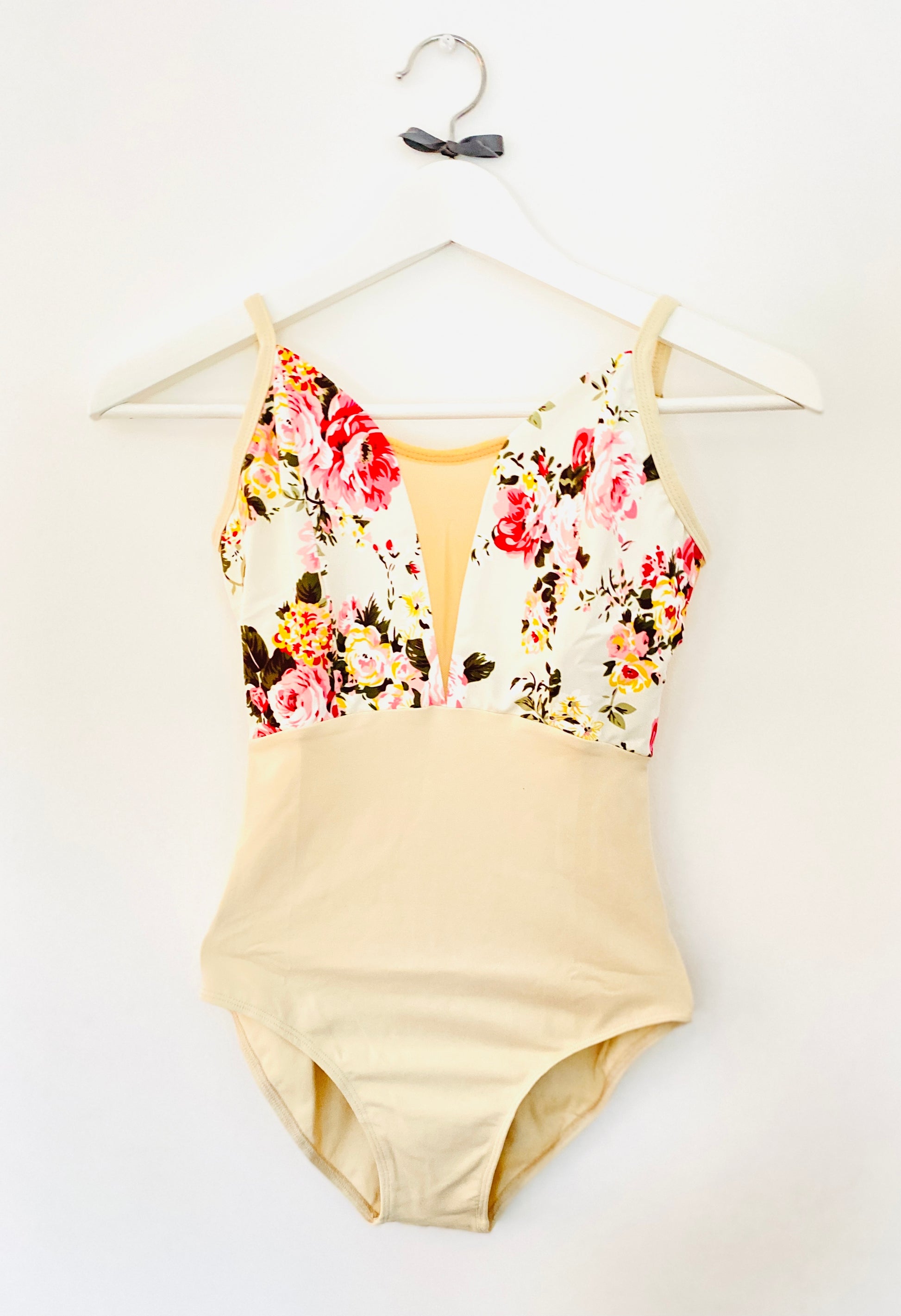 V-mesh camisole leotard in buttermilk with  floral print from the collective dancewear