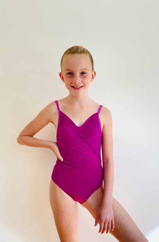 The Ruched Mesh Camisole Leotard - Fuchsia - Kids Collection sold by The Collective Dancewear